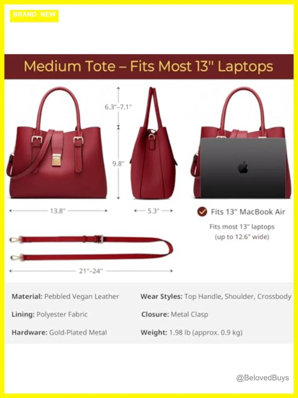 Vegan Leather Tote Bag Shoulder Crossbody 3-Compartment Laptop Purse